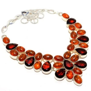 Mozambique Garnet, Amber Gemstone 925 Sterling Silver Necklace 18" p092 - Picture 1 of 6