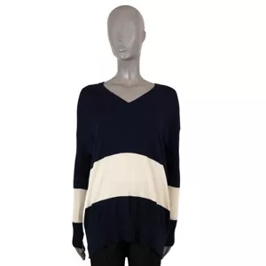 69201 auth THE ROW cream & navy blue cashmere STRIPED OVERSIZED Sweater M - Picture 1 of 6