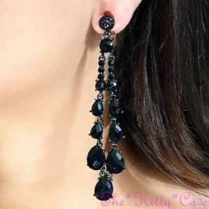 Dramatic Deco Vintage Jet Black Chandelier Drop Earrings w/ Swarovski Crystals - Picture 1 of 12