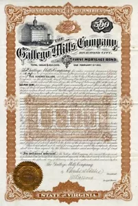 1895 Gallego Mills Co Bond Certificate (Richmond, VA) - Picture 1 of 1