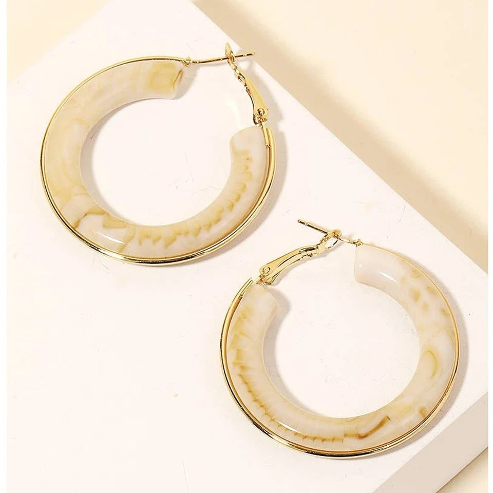 Acrylic Latch Hoop Earrings Ivory and Gold - Image 1 of 1