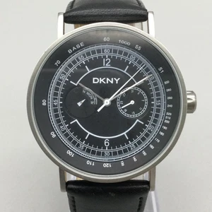 DKNY Watch Mens 40mm Stainless Steel Leather Band NY-1243 Day Date New Battery - Picture 1 of 16