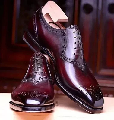 Handmade Men's Burgundy Color Leather Oxford Whole-Cut Brogue Formal Shoes Men - Image 1 of 4