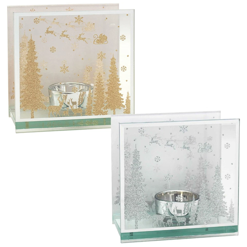 Christmas Glitter Woodland Glass Tea Light Holder - Choose Colour - Image 1 of 1