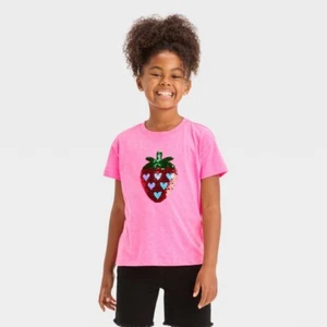 Girls' Flip Sequin Strawberry Short Sleeve Graphic T-Shirt - Cat & Jack™ Neon M - Picture 1 of 1