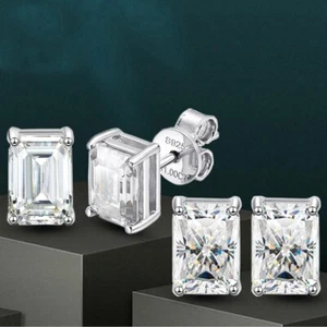 1CT Emerald Cut Moissanite Stud Earrings 925 Sterling Silver 14K Gold Plated GRA - Picture 1 of 16