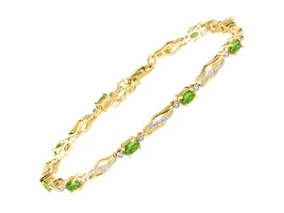 RYLOS PERIDOT & DIAMOND TENNIS BRACELET YELLOW GOLD PLATED SILVER 7-8"  - Image 1 of 4