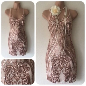Rose Gold Sequin Short Dress Parisian Straps Retro Nude Embellished Bodycon UK12 - Picture 1 of 8
