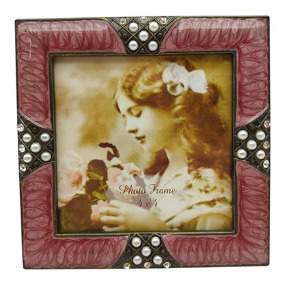 Украшенная эмаль жемчуг и стразы фоторамка - 4 x 4 квадратный фиолетовый серебро - Изображение 1 из 4