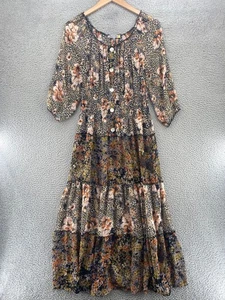 Figueroa & Flower Dress Womens Large Multi Animal Floral Peasant 3/4 Sleeve Maxi - Picture 1 of 12
