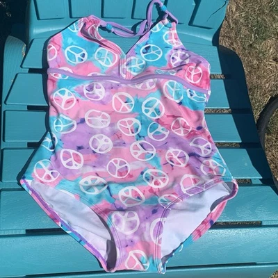 Xhilaration Kids Size L (10-12) Peace One Piece Swimsuit Blemished Pink Lavendar - Image 1 of 4