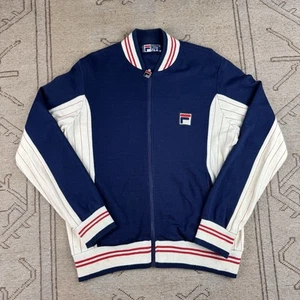 Vintage Fila White Line Navy Cream Zip Up Wool Mix Sweatshirt Knit Size Medium - Picture 1 of 10