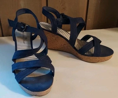 Montego Bay Club Blue Wedge Sandals Size 10 Open Toe Used Foto 1 de 4