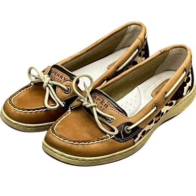 Zapato de barco Sperry Top Sider pez ángel cuero tostado leopardo pelo de becerro sin cordones 7,5 Foto 1 de 4