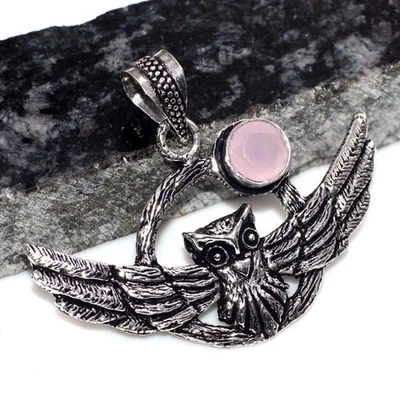 925 Silver Plated Flying Owl Pink Chalcedony Pendant Gemstone 1.6" GW - image 1 of 3