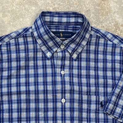 Ralph Lauren Seersucker Para Hombres S Azul A Cuadros Manga Corta Camisa Con Botones Bolsillo Foto 1 de 4