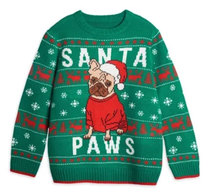 HOLIDAY TIME BOYS SANTA PAWS BULLDOG SWEATER SIZE SMALL 6-7 HUSKY GREEN NEW - Picture 1 of 6