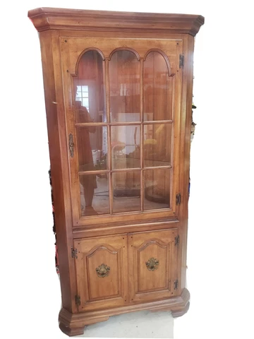 1970's Corner China Cabinet Lighted 74.25" Tall 24" Corner Cabinet Cover