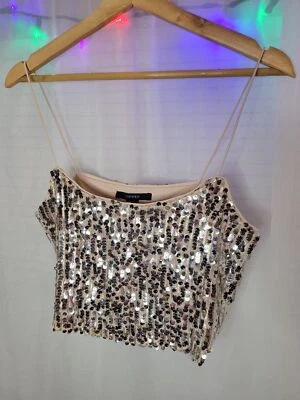 Forever21 Crop Top Women's Size Small PINK Silver Sequins - Image 1 of 4