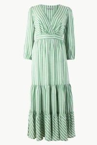 Marks & Spencer Per Una Cotton Green White Stripe Tiered Maxi Midi Dress 16 BNWT - Picture 1 of 4