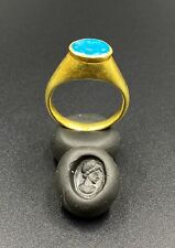 Antique Old Jewelry Ancient Greek Antiquity Gold Ring Blue Glass Signet Seal