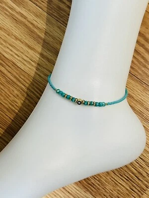 Gold Plated Evil Eye Anklet With Blue Crystal And Turquoise Beads - Image 1 of 2
