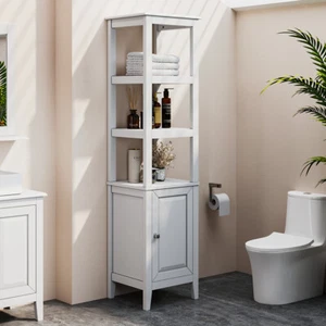 150cm White Tall Bathroom Cabinet Slim Storage Cabinet w/Single Door & 3 Shelves - Picture 1 of 12
