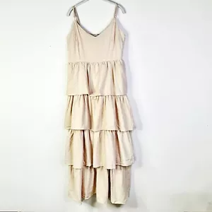 BOOHOO Kleid Damen 14 Beige V-Ausschnitt Stufen Baumwolle Maxi Rüschen Lagenlook Volant Neu mit Etikett - Bild 1 von 9
