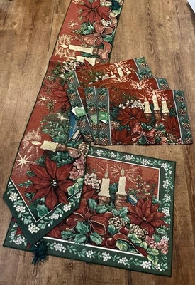 Christmas Tapestry Needlepoint Table Runner Placemats Rug candles poinsettias - Image 1 of 4