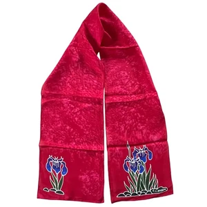Chelline Larsen Hand Painted Iris Silk Scarf Red Pink Raspberry Rectangle 8 x 52 - Picture 1 of 5