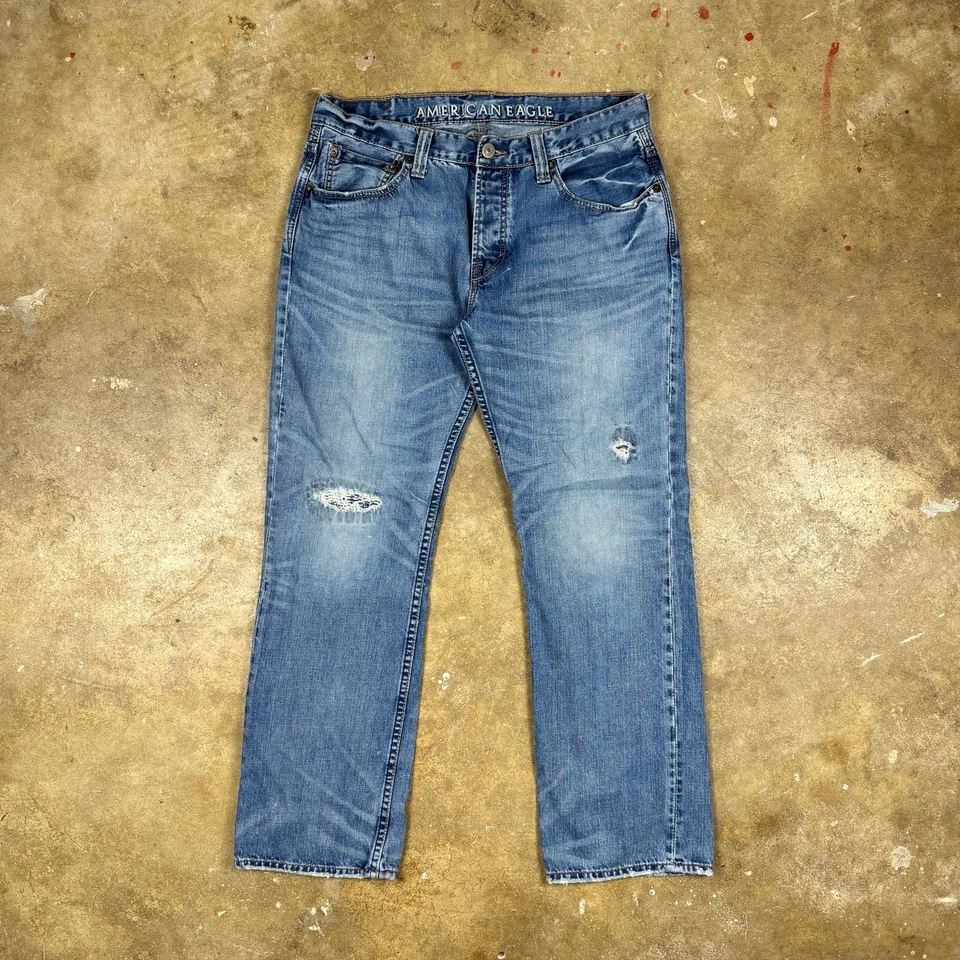 Y2K American Eagle Men’s 34x30 Straight Leg Button Fly Jeans Blue Distressed - Image 1 of 4
