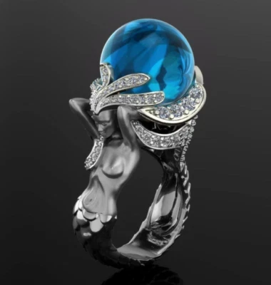 Anello Fidanzamento Matrimonio Sirena Nuova Sfera Acquamarina Argento 925 - Immagine 1 di 4