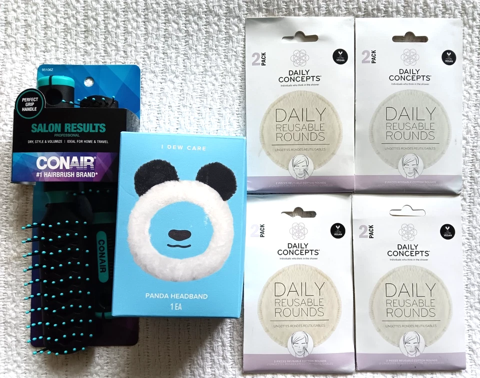Conair Brush Set Panda Makeup Headband Daily Concepts Reusable Cotton Rounds Lot - Image 1 of 4