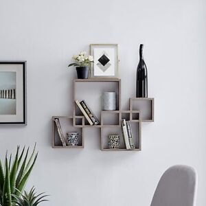 Weathered Oak Decorative Wall Mount Floating Intersecting Cube Accent Shelf