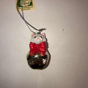 White Kitty Cat Kitten Feline Head with red bow on Silver Round Bell 2 inch - Picture 1 of 5