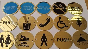Polished Brass Circular Round Toilet Pub Shop Bathroom Door Sign Gold Plate - Picture 1 of 16