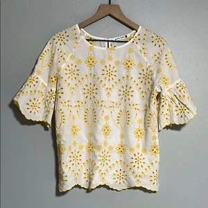 Given Kale White Eyelet Yellow Embroidered Blouse Top Size S Cottagecore Summer - Picture 1 of 8