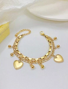 Gold Stainless Steel Heart Charm Rolo Link Chain Bracelet Bangle For Women, Girl - Picture 1 of 5