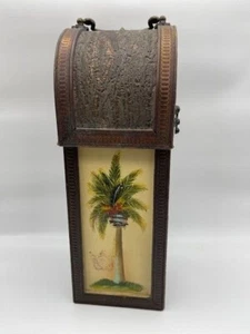 Vintage Cane Woven Wine Carrier Palm Tree Design Wood, Brass Clasp, Handle 14" - Picture 1 of 8