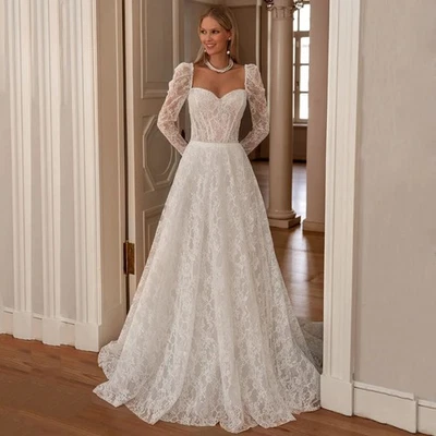 Lace Wedding Dresses Sweetheart Full Sleeves See Through Sweep Train Bride Gowns - Image 1 of 4