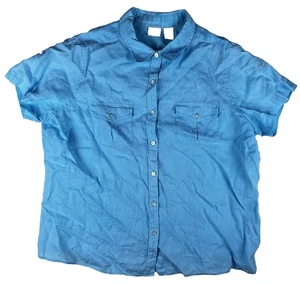 LL Bean Womens 1X Button Up Shirt Top Linen Blue Pocket Flaps Casual Everyday - Picture 1 of 14