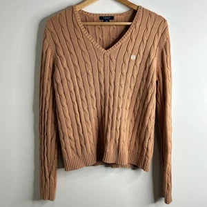 Vintage Y2K Chaps Zopfmuster V-Ausschnitt Pullover Damen XL hellbraun Fischer altes Geld adrett - Bild 1 von 6