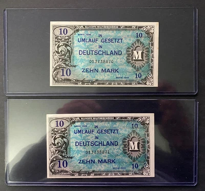 RARE UNC Sequential Pair WWII 10 Mark Allied Military Currency 1944 – 1 Set Only - Image 1 of 2