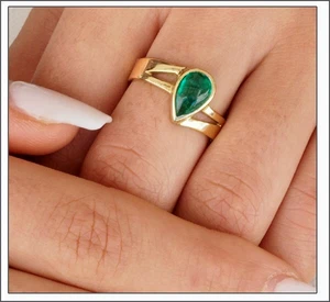 Noble esmeralda cabujón gotas - anillo oro amarillo - con misterioso carisma - Imagen 1 de 6