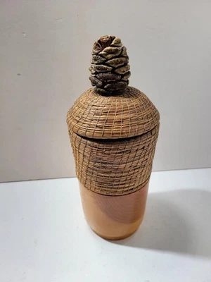 Handmade Pine Needle Basket Lidded Wooden Jar Vessel Pine Cone Finial Art Decor - Image 1 of 4