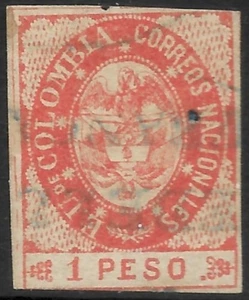 COLOMBIA. 1865. 1 Peso Vermilion. Transfer Type II. SG: 38. 4 Margins. Fine Used - Picture 1 of 2