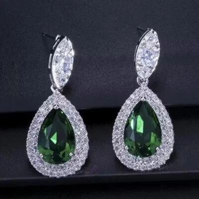 2 Ctw Created Tourmaline 14K White Gold Plated .925 Silver Water Drop Earrings - Image 1 of 4