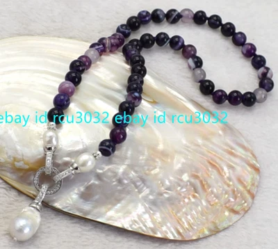 Collar colgante de perlas barrocas Keshi blancas gemas de ónix ágata a rayas moradas naturales Foto 1 de 4