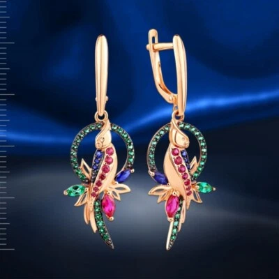Bird Earrings solid rose gold 14kt lab created sapphire ruby emeralds - Image 1 of 2