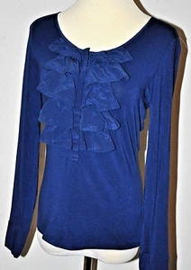 Antonio Melani blouse shirt S Top Rayon Navy silk Ruffles Beautiful Long Sleeves - Picture 1 of 6